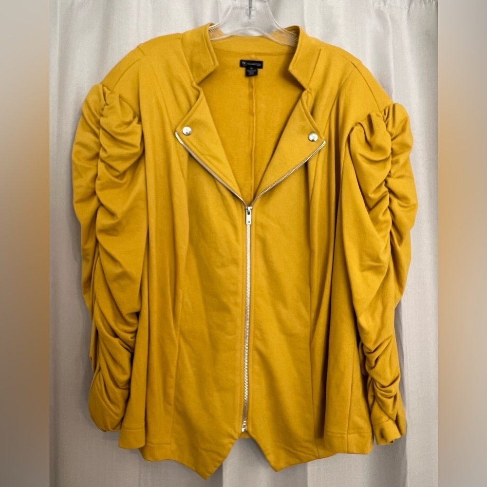 New Directions Woman Mustard Yellow Ruched Sleeve Moto Jacket 3X